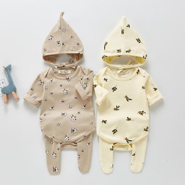 

2021 spring new infant boys girls cotton clothes sets fashion print long sleeve bodysuit pant hats 3pcs baby outfits set i2lu, White