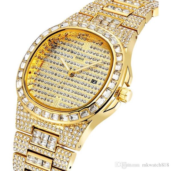 

2020 fashion mens luxury watch rhinestone bezel stainless steel diamond iced clock designer quartz movement watches casual wristwatch, Slivery;brown