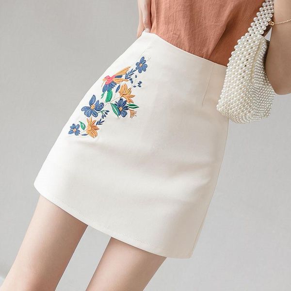 

elegant flower embroidery women's skirt spring summer white khaki korean style high waist mini skirt for woman office, Black