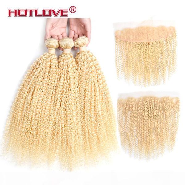 

malaysian human hair kinky curly 613 blonde bundles with closure ear to ear 3 pieces human hair bundles with lace frontal 4pcs lot, Black;brown