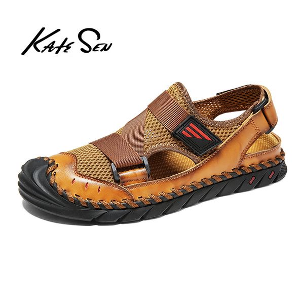 

2020 new summer flip flop men breathable leather sandals man flats fashion casual beach men's shoes plus size 38-47 t200420, Black