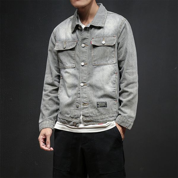 

yasuguoji new 2019 japan style vintage jeans men jacket fashion striped loose mens denim jacket streetwear jacket men outwear c1108, Black;brown