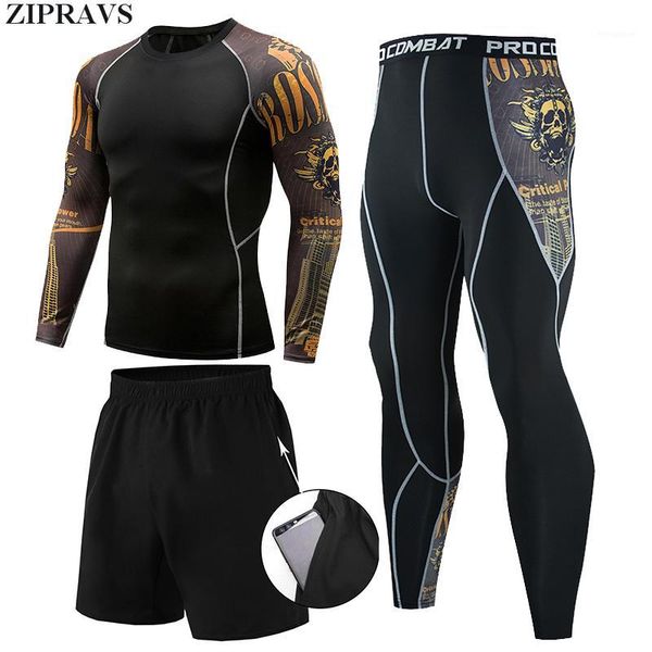 

3 pieces/set men's gold skull sports suit compression underwear outdoor running clothes t-shirt pants gym fitness exercise tight1, Gray
