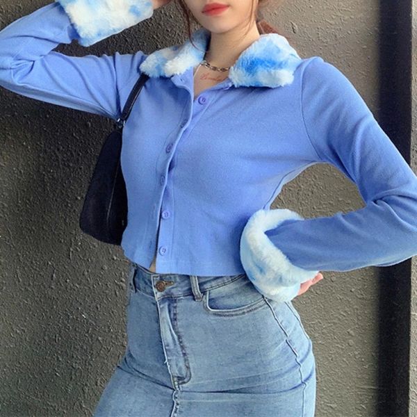 

women blouses furry turn-down collar buttons cardigan long sleeve knit blouse crop woman fashion 2021 ropa de mujer #mh6w, White