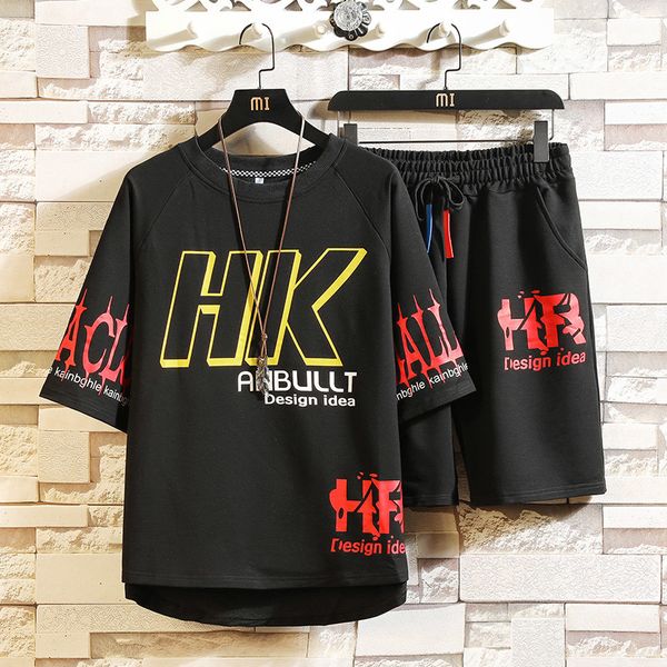 

men's tracksuit japanese streetwear sets men summer harajuku t-shirt shorts hip hop punk korean clothes male kg-24, Gray