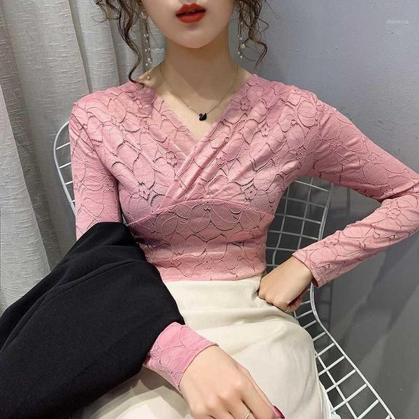 

2020 new spring european clothes drape v-neck lace t-shirt women long sleeve ropa mujer bottoming shirt tees t022091, White