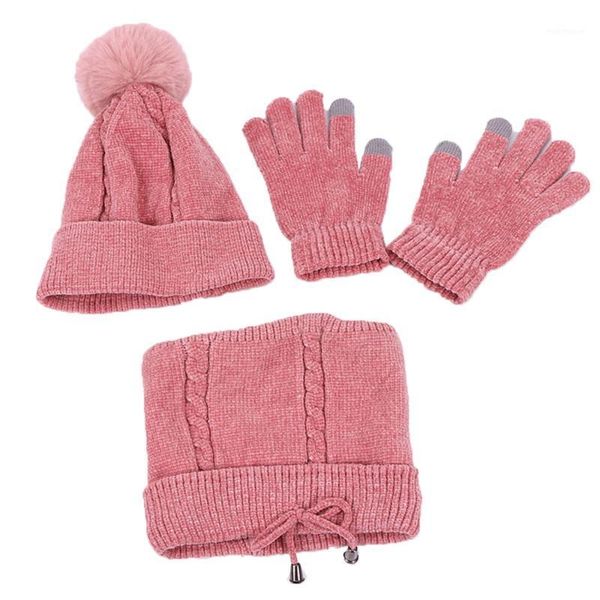 

beanie/skull caps winter women beanie pom hat scarf gloves set warm soft knitted outdoor crochet ski cap with thick lining chenille softe se, Blue;gray
