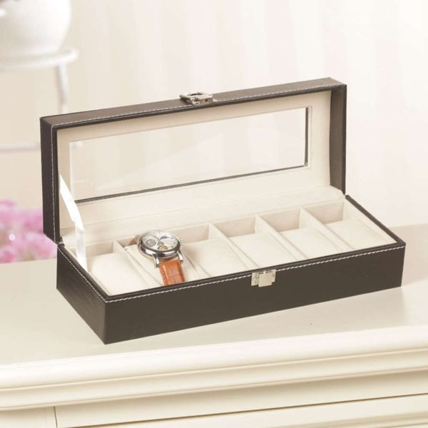 

case 6-bit storage watch hardcover high-end watch box luxury skylight exquisite leather gift for girlfriend, Slivery;brown