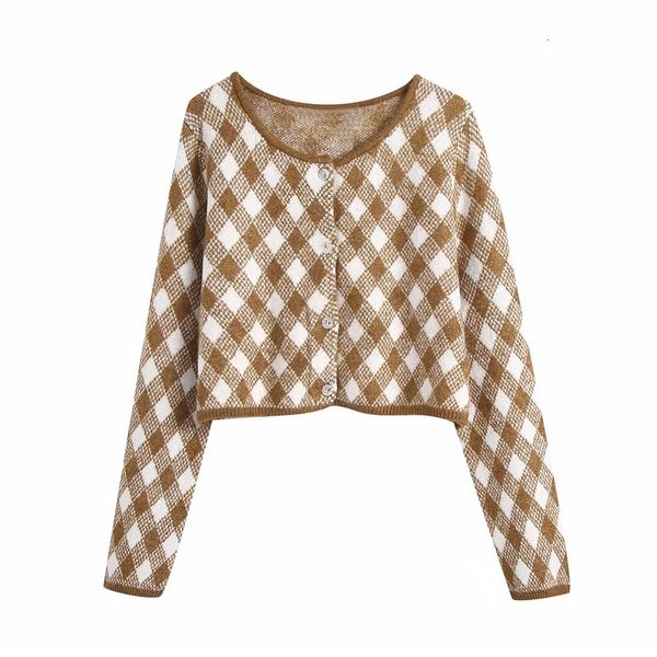 

2021 new argyle cropped knitted sweater women autumn vintage o neck long sleeve button up short female cardigan 6016, White;black
