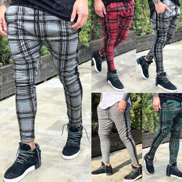 

men casual plaid sport long pants tracksuit trousers joggers gym sweatpants autumn slim lace-up mens elastic casual pants1, Black