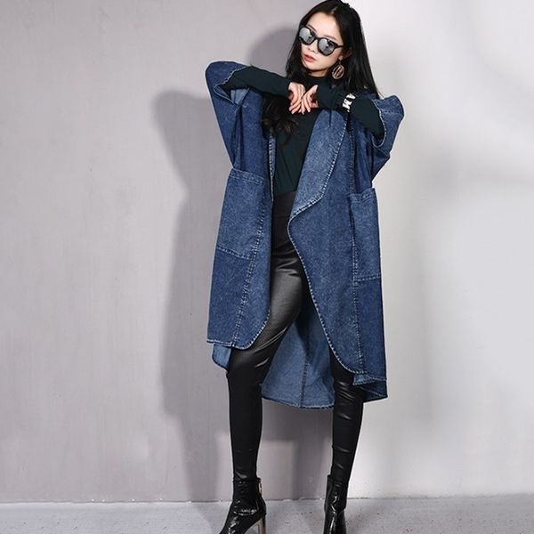 

2019 spring new fashion long batwing sleeve pocket open stitch denim coat woman casual autumn loose windbreaker t200319, Tan;black