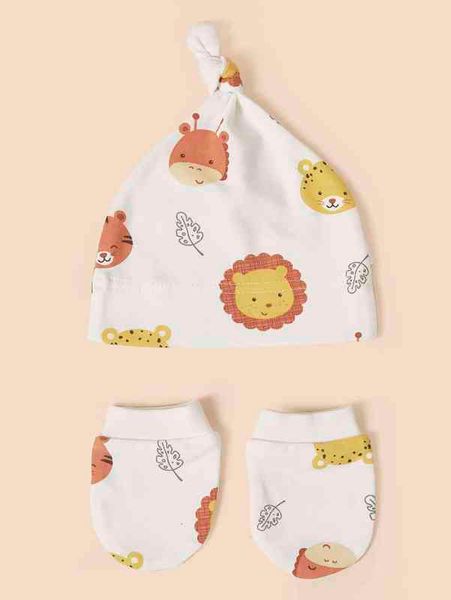 

baby cartoon lion pattern hat & 1pair gloves she, Yellow