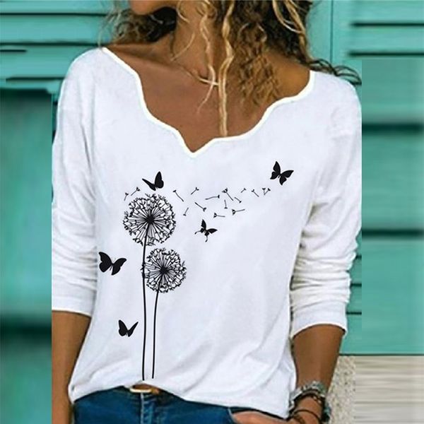

women v neck blouse shirt autumn long sleeve blusas casual floral print loose shirt pullover streetwear plus size 201201, White