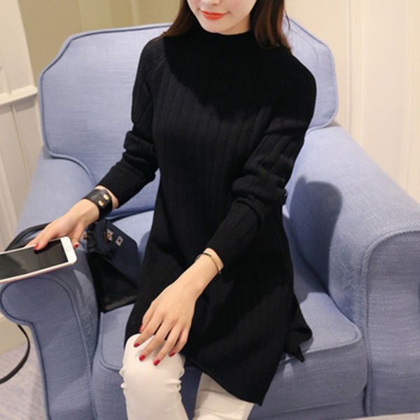 

2021 new autumn korean style woman knitted mid-length jacket half-turtleneck versatile amendment fresh and sweet sweater l3hw, White;black
