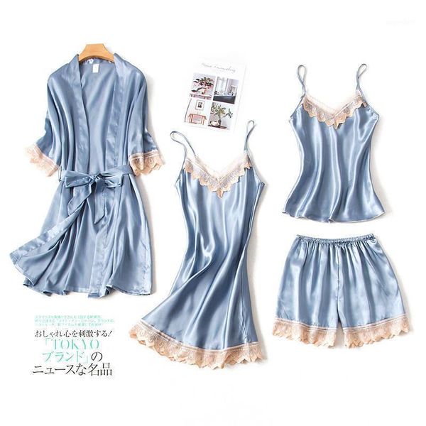 

women sleepwear set spring and autumn period four piece suit suspender nightdress robe sets1, Black;red