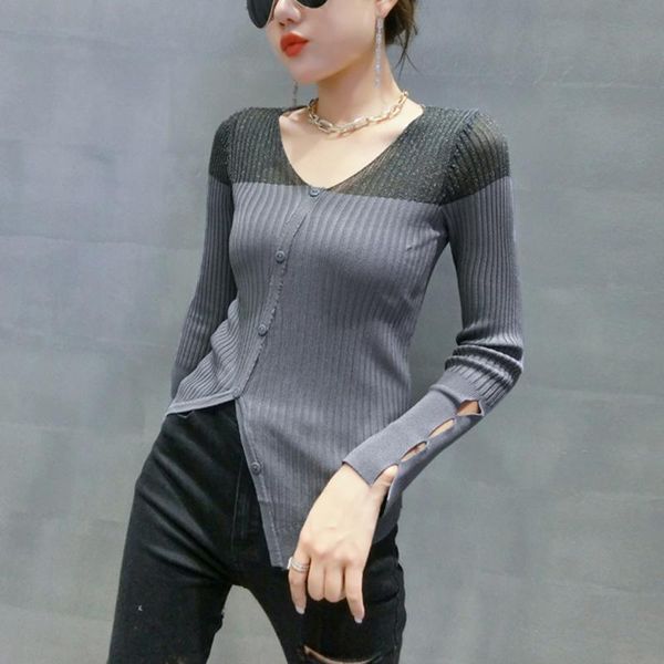 

lucyever mesh patchwork women pullover sweater autumn long sleeve knitted hollow out thin jumper v neck slim basic, White;black