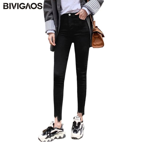 

bivigaos women irregular hem slim elastic jeans pencil pants korean magic pants leggings button zipper black skinny pants 201030, Blue