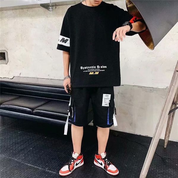 

color matching short sleeve t-shirt summer 2020 new trend with letters men's leisure brand ins body, White;black