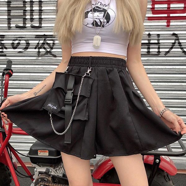 

new womens skirts autumn fashion short skirt female pleated school skirt loose pocket high waist metal chain 2019 summer bottoms, Black