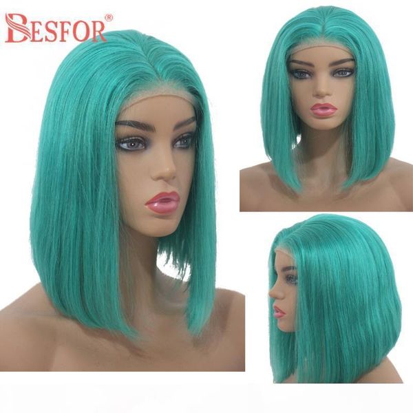 

brazilian human hair lace front bob wigs straight lake blue pre plucked hairline middle part bleached knots colored bob wig, Black;brown