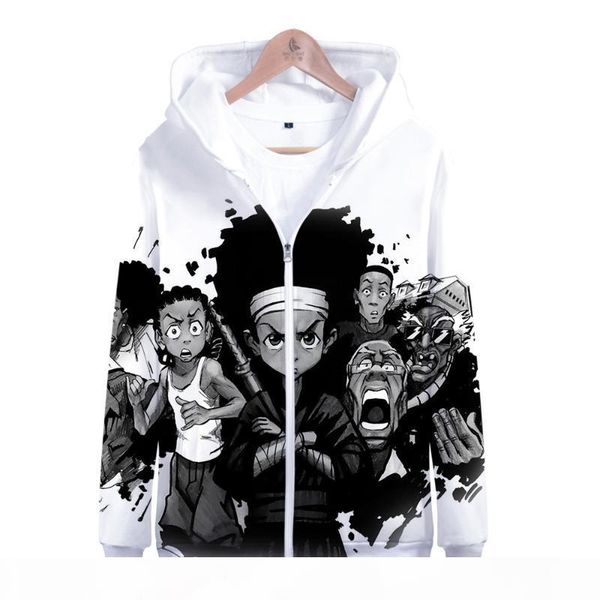

the boondocks hoodie 3d zipper hoodies women men long sleeve hooded sweatshirt casual harajuku streetwear oversized clothes, Black