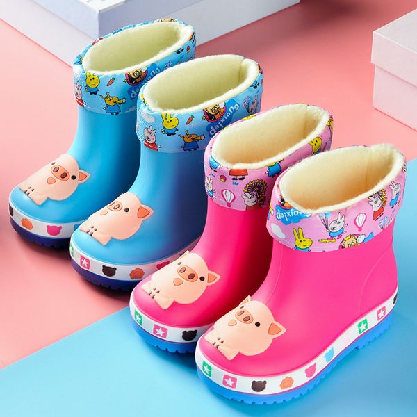 

new fashion classic shoes pvc rubber anti-slip detachable plus velvet kids cartoon children's waterproof rain boots, Black