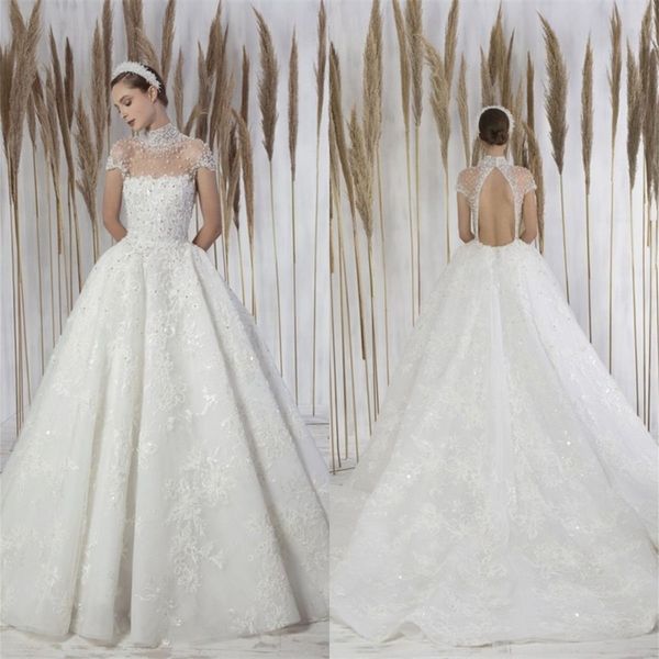 

luxury wedding dresses rhinestones beaded lace appliques a line bridal train custom made high neck sequins wedding dress, White
