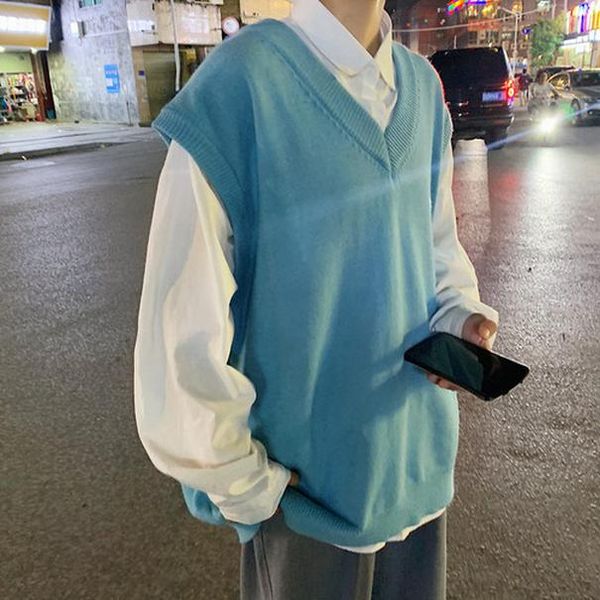 

свитер жилет мужчины сплошные v шеи негабаритные осенние новые повседневные свободные мужские свитера волны шикальные студенты мода корейски, White;black