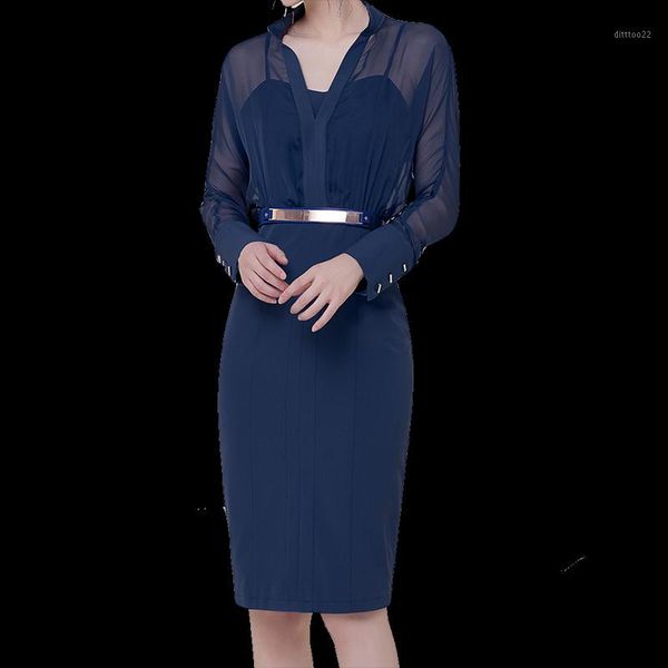 

casual dresses 2021 autumn women dress patchwork chiffon two professionallt package hip false dark blue 8991, Black;gray