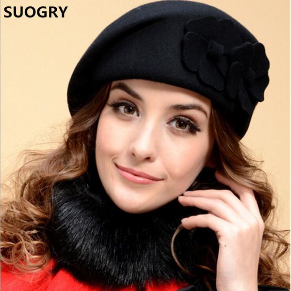 

suogry 2017 new fashion women beret hat for women beanie female cap flower french trilby wool soft stewardess hat gorras planas t200104, Blue;gray