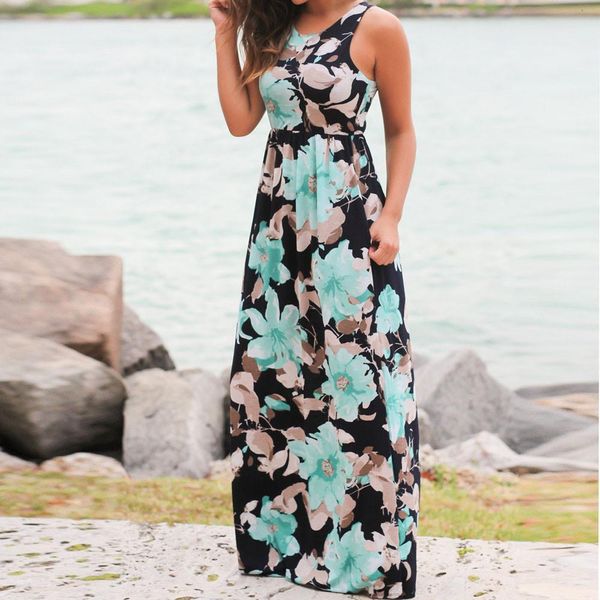 

summer dress 2021 women sleeveless floral print maxi dress with pockets boho o neck simple dresses jurken #lr2, Black;gray