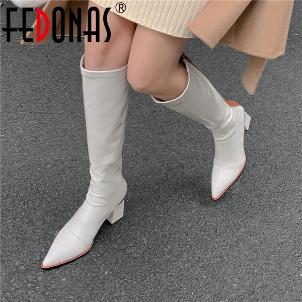 

boots fedonas elegant booties woman high fall winter genuine leather back zipper shoes party working knee, Black