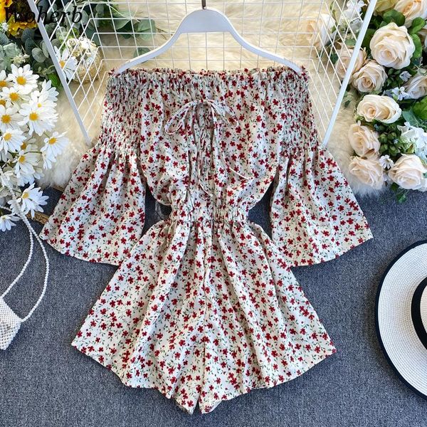 

woherb boho women floral jumpsuit summer 2021 beach rompers shoulder overalls slash neck wide leg pants playsuits, Black;white