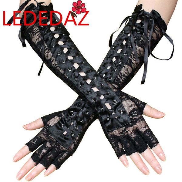 

women long black lace fingerless gothic mittens ribbon rivet tie up nightclub party gloves gants femme, Blue;gray