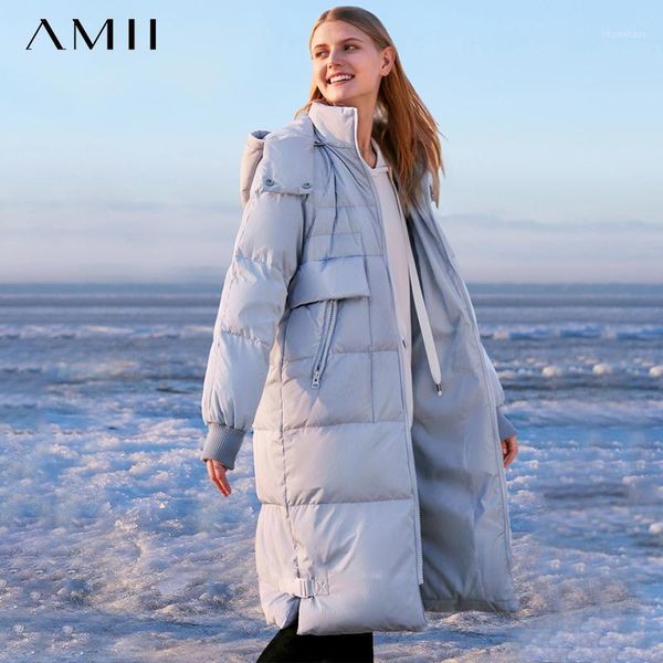 

amii minimalism women winter oversize thick hooded down coat fashion causal solid 90%white duck down female coat 118302411, Black