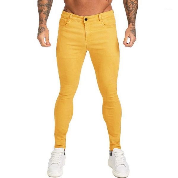 

2020 men stretch skinny solid jeans 4 color casual slim fit denim trouser male yellow red gray pants male slim trousers1, Blue