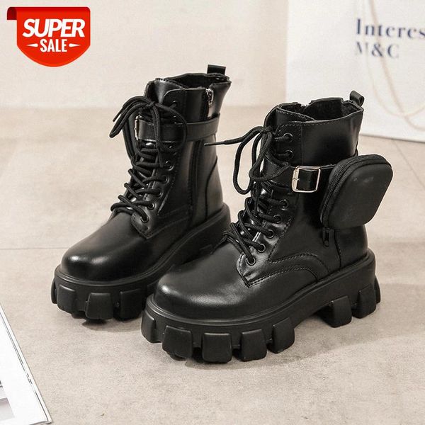 

thick sole high heel motorcycle boots woman removable pocket short platform shoes patchwork ankle for women botas altas mujer #vx3n, Black