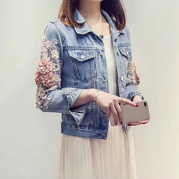 Outono Mulheres Bordado Three Dimensional Flores Pérola Bead Curto Denim Casaco Mulher Manga Longa Jean Jacket Xintiandi 201120