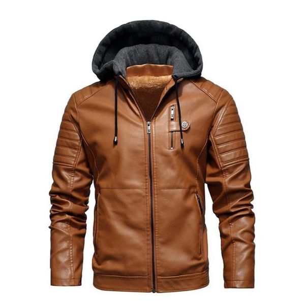 

men's fur & faux autumn and winter selling men 's leather jacket leisure with cap coat motorcycle warm, Black