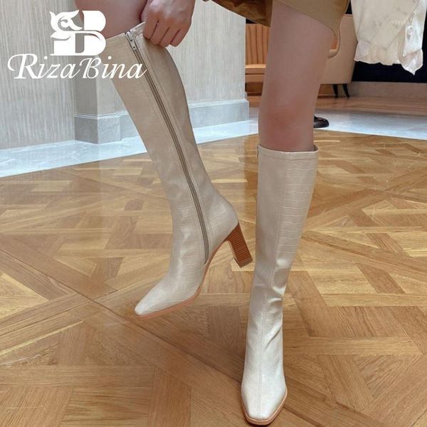 

rizabina women high heel boots stone pattern thick heel woman winter long boots fashion shoes women footwear size 33-401, Black