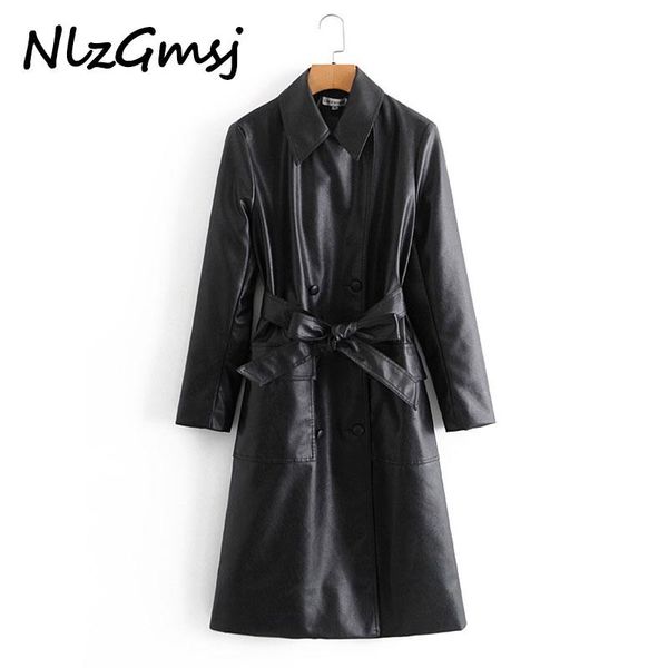 

nlzgmsj casual double breasted trench women fashion pu leather trench coats women elegant tie belt waist female ladies, Tan;black