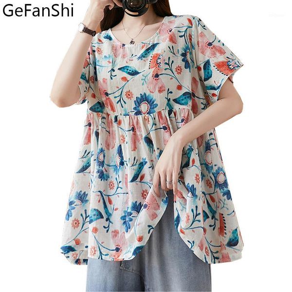 

2020 new summer shirts women fashion cotton linen print plus size shirts casual loose tees female clothing cute blouse1, White