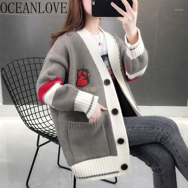 

oceanlove winter clothes women embroidery strawberry sweaters v neck 2020 autumn thick cardidangs sweet loose fashion 176091, White