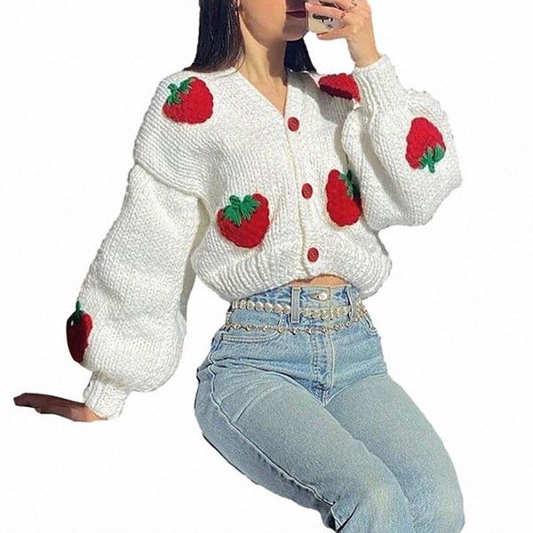 

women's cardigan knitted print print strawberry fruit stylish basic casual long sleeve loose sweater cardigans v neck fall winter white, White;black