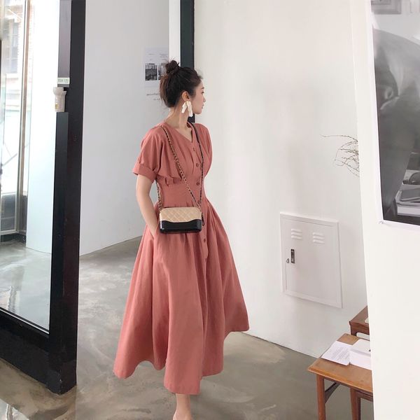

french style waist close slim dress dress yimi 2020 summer new v-neck french platycodon skirt fairy bfda5, Black;gray