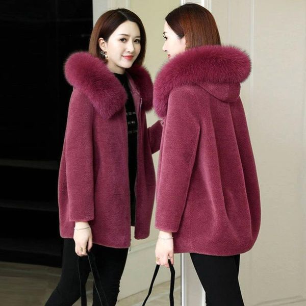 

wool blend woolen coat women long trench coat fashion elegant imitating faux lamb wool loose hooded sheep shearing, Black