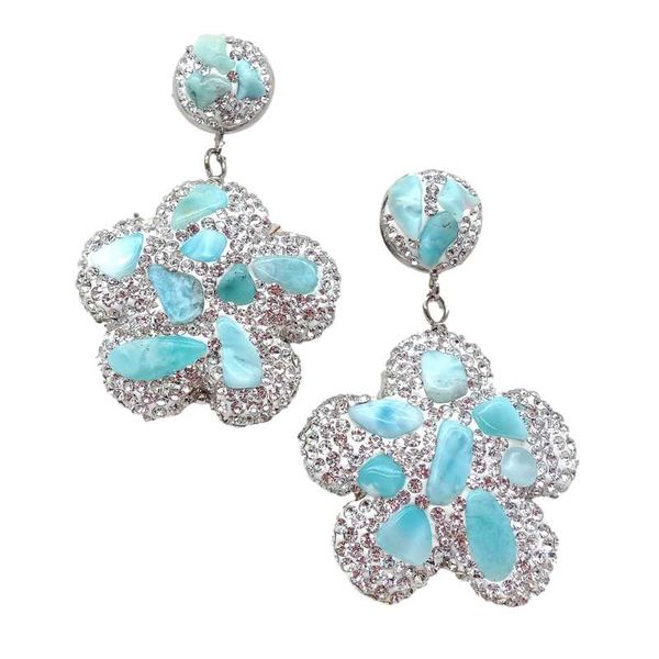 

natural blue larimar silver color crystal pave flower shape dangle earrings