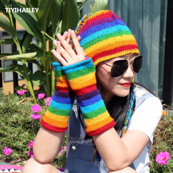 

five fingers gloves tiyihailey 2021 fashion rainbow colorful winter warm thick fleece inside women wool fingerless, Blue;gray