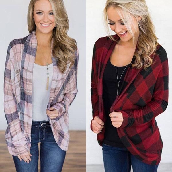 

women's jackets fashion autumn women long sleeve plaid casual cardigan outwear coat loose jacket streetwear female clothes, Black;brown