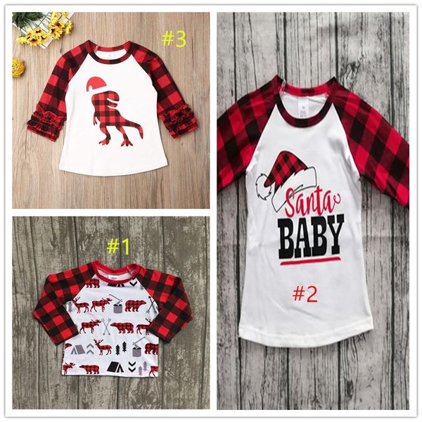 

70-110cm children christmas clothing kids t-shirt baby girls plaid long sleeve t shirt xmas red grid dinosaur print tshirt e102906, Blue